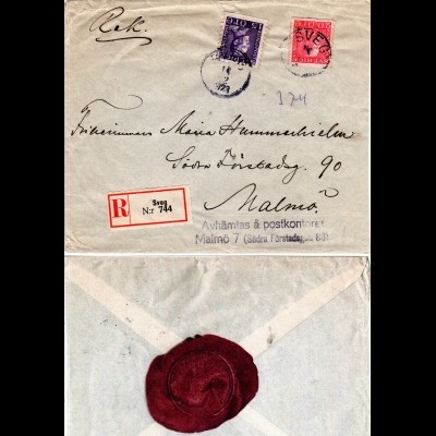 Schweden 1923, 15+20 öre auf gesiegeltem Reko Brief v. SVEG to Malmö