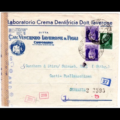 Italien 1942, 25+2x50 C. auf Reklame Zensur Brief v. Campobasso n. Deutschland