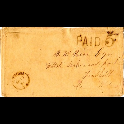 Kanada 1861, VITTORIA C.W. u. PAID 5 auf Brief m. diversen Stempeln rückseitig