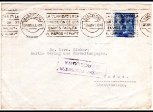 Spanien 1941, 70 C. auf Zensur Brief n. Vaduz, Liechtenstein. Destination!
