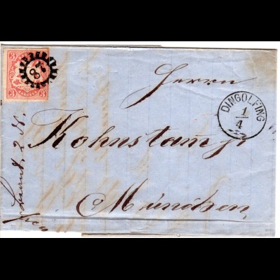 Bayern 1868, MR 87 u. Zier-K1 Dingolfing auf Brief m. rechts berührter 3 Kr.