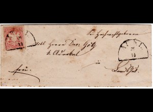Bayern 1869, breitr. 3 Kr. auf kl. Brief m. HKS AU b.L. (Landshut)