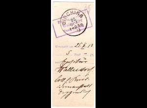 Bayern 1913, Posthilfstelle WALLERDORF Taxe Girching auf Postanweisungs Quittung