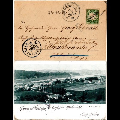 Bayern 1899, Aushilfstempel PLEINTING auf Vilshofen Gruss aus-AK 