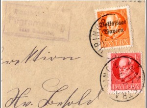 Bayern 1920, Posthilfstelle PILGRAMSBERG Taxe Rattiszell auf Briefstück