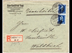 DR 1925, MeF Paar 20 Pf auf Firmen Einschreiben Brief v. LENZKIRCH (Schwarzwald)