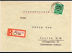 SBZ 1949, 84 Pf. auf Einschreiben Brief m. eingestempeltem Reko-Zettel EISFELD