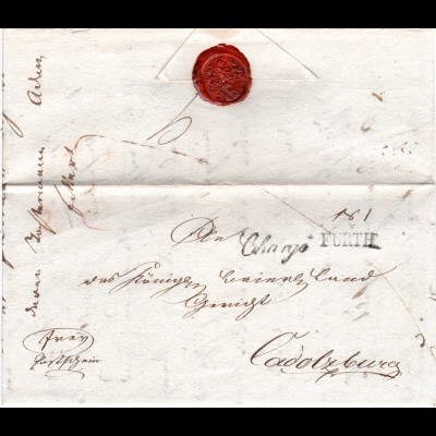 Bayern 1825, L1 FÜRTH u. Chargé auf gesiegeltem Brief n. Cadolzburg