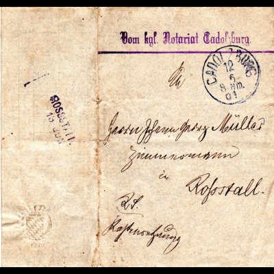 Bayern 1901, Aushilfstpl. ROSSSTALL als Ankunft rücks. auf Brief v. Cadolzburg