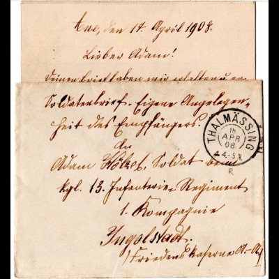 Bayern 1908, Reservestempel THALMÄSSING R auf Soldaten Brief v. Aue n Ingolstadt