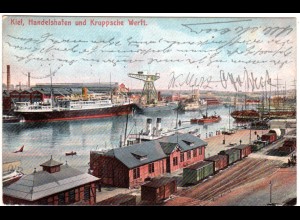 Kiel, Handelshafen u. Kruppsche Werft m. Eisenbahn, 1907 gebr. Farb-AK