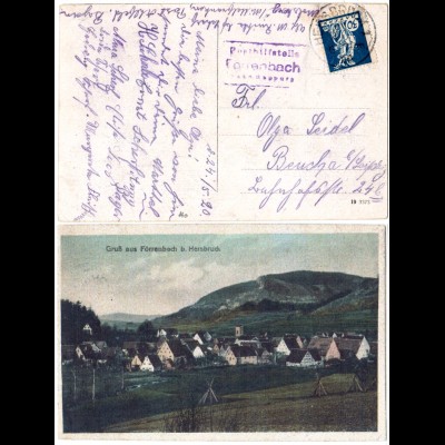 Bayern 1920, Posthilfstelle FÖRRENBACH Taxe Happurg auf Gruss aus Farb-AK 