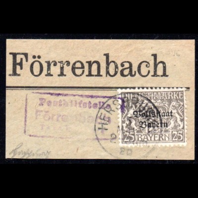 Bayern 1920, Posthilfstelle FÖRRENBACH Taxe Happurg auf Briefstück m Dienstmarke
