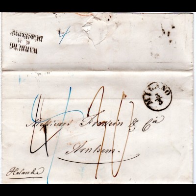 Lombardei & Venetien 1857, Porto Brief v. MILANO via Preussen n. Arnhem Holland 