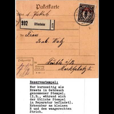 DR 1920, Bayern Reservestempel UFFENHEIM R auf Paketkarte m. 2 1/2 Mk. Abschied