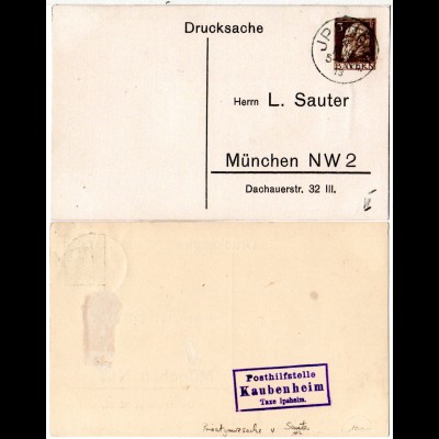 Bayern 1913, Posthilfstelle KAUBENHEIM Taxe Ipsheim auf Sauter Privatganzsache