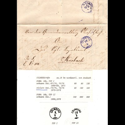 Bayern 1872, violetter Zierstempel COLMBERG klar auf Brief n. Ansbach. Geprüft.