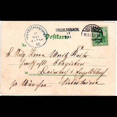 Bayern 1902, Aushilfstempel. ERGOLDSBACH als Ank.Stpl. auf Wiesbaden-AK