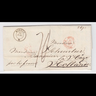 Schweiz NL 1845, K2 Morges auf Porto Brief nach Holland "par la France". #2462