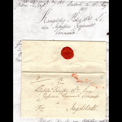 Bayern 1817, roter L2 R.3. ANSBACH u. Chargé auf Militär Brief n. Ingolstadt