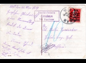 Bayern 1919, Posthilfstelle AMSHAM Taxe Egglham u. Portostpl. auf AK m. 10+5 Pf.