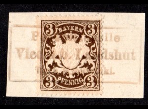 Bayern, Posthilfstelle VIECHT b. LANDSHUT Taxe Kronwinkl auf Briefstück m. 3 Pf.