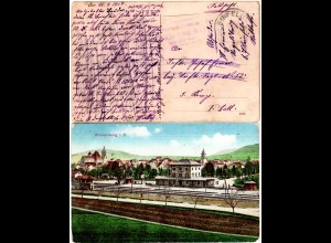 Bayern 1917, Posthilfstelle RAMSBERG Taxe Pleinfeld auf AK Weissenburg Bahnhof