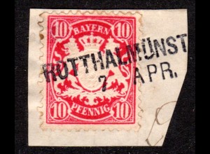Bayern 49, 10 Pf. auf Briefstück m. L2-Aushilfstempel ROTTHALMÜNSTer 7 APR.