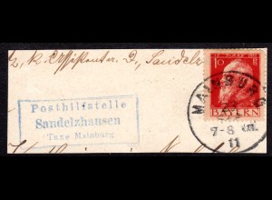 Bayern 1911, Posthilfstelle SANDELZHAUSEN Taxe Mainburg auf Briefstück 10 Pf. 