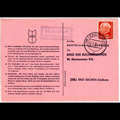 Saarland 1958, Landpost Stpl. MICHELBACH über Lebach auf Karte m. 12 F. Heuss
