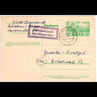 Saarland 1957, Landpost Stpl. NIEDERALTDORF über Dillingen auf 12 F. Ganzsache