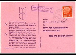 Saarland 1957, Landpost Stpl. HABKIRCHEN über Saarbrücken 2 auf Karte m. 12 F.