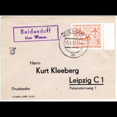 DDR 1957, Landpost Stpl. BEIDENDORF über Wismar auf Drucksache Brief m. 5 Pf.