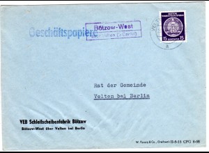 DDR 1954, Landpost Stpl. BÖTZOW-WEST über Velten auf Brief m. 15 Pf. Dienst
