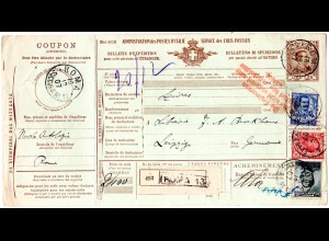Italien 1907, 10+15+25 C. Zusatzfr. auf 1,25 L. Paketkarte v. Rom n. Deutschland