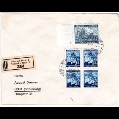 Böhmen u. Mähren 1942, 4x5 H.+4 K. auf Reko Brief v. Deutsch-Brod n. Leck