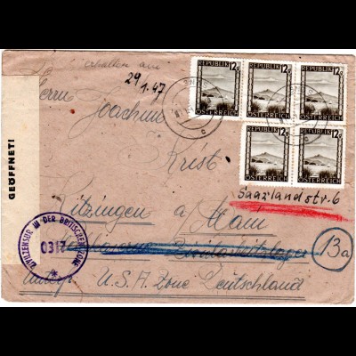 Österreich 1947, MEF 5x12 G. auf Zensur Brief v. GNAS ins Arbeitslager Kitzingen