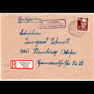 DDR 1949, Landpost Stpl. ZAUNRÖDEN über Mühlhausen auf Reko Brief m. 84 Pf.