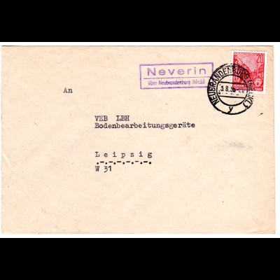 DDR 1955, Landpost Stpl. NEVERIN über Neubrandenburg auf Brief m. 20 Pf.