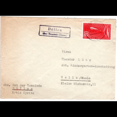 DDR 1958, Landpost Stpl. DÖLLEN über Neustadt (Dosse) auf Brief m. 20 Pf.