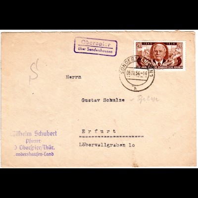 DDR 1954, Landpost Stpl. OBERSPIER über Sondershausen auf Brief m. 20 Pf.