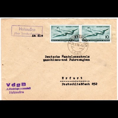 DDR 1956, Landpost Stpl. HOLZSUSSRA über Sondershausen auf Brief m. 2x10 Pf.
