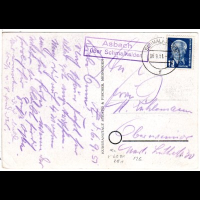 DDR 1951, Landpost Stpl. ASBACH über Schmalkalden auf Karte m. 12 Pf. 