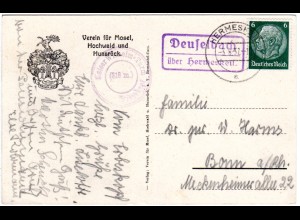 DR 1937, Landpost Stpl. DEUSELBACH über Hermeskeil auf Karte m. 6 Pf.