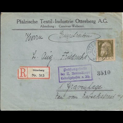 Bayern 1915, Einschreiben Brief v. Otterberg n. NL m. Ludwigshafen Zensur #2685