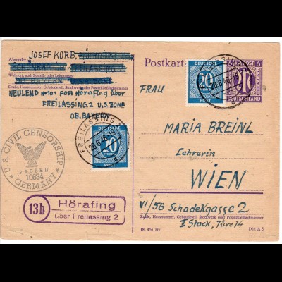 1946, Landpost Stpl. 13b HÖRAFING über Freilassing auf Zensur Ganzsache n. Wien