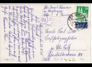 1948, Landpost Stpl. 13b MARZLING über Freising auf Karte m. 10 Pf.+Notopfer