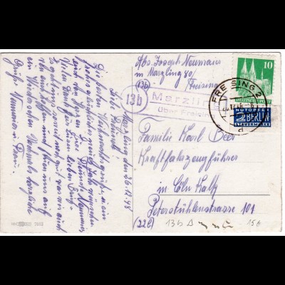 1948, Landpost Stpl. 13b MARZLING über Freising auf Karte m. 10 Pf.+Notopfer