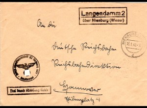 DR 1940, Landpoststpl. LANGENDAMM 2 über Nienburg auf Frei durch Ablösung Brief