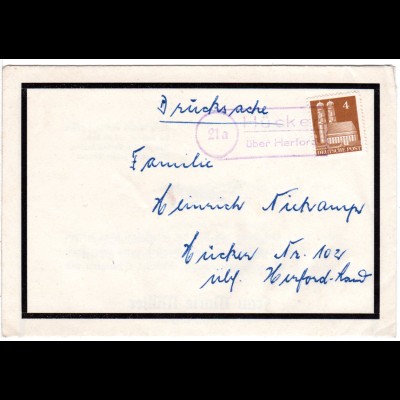 BRD 1951, Landpoststpl. 21a HÜCKER über Herford auf Trauer Brief m. 4 Pf. Bauten
